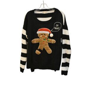 Women's It's Our Time Christmas Black White Stripe Gingerbread Sweater Size L